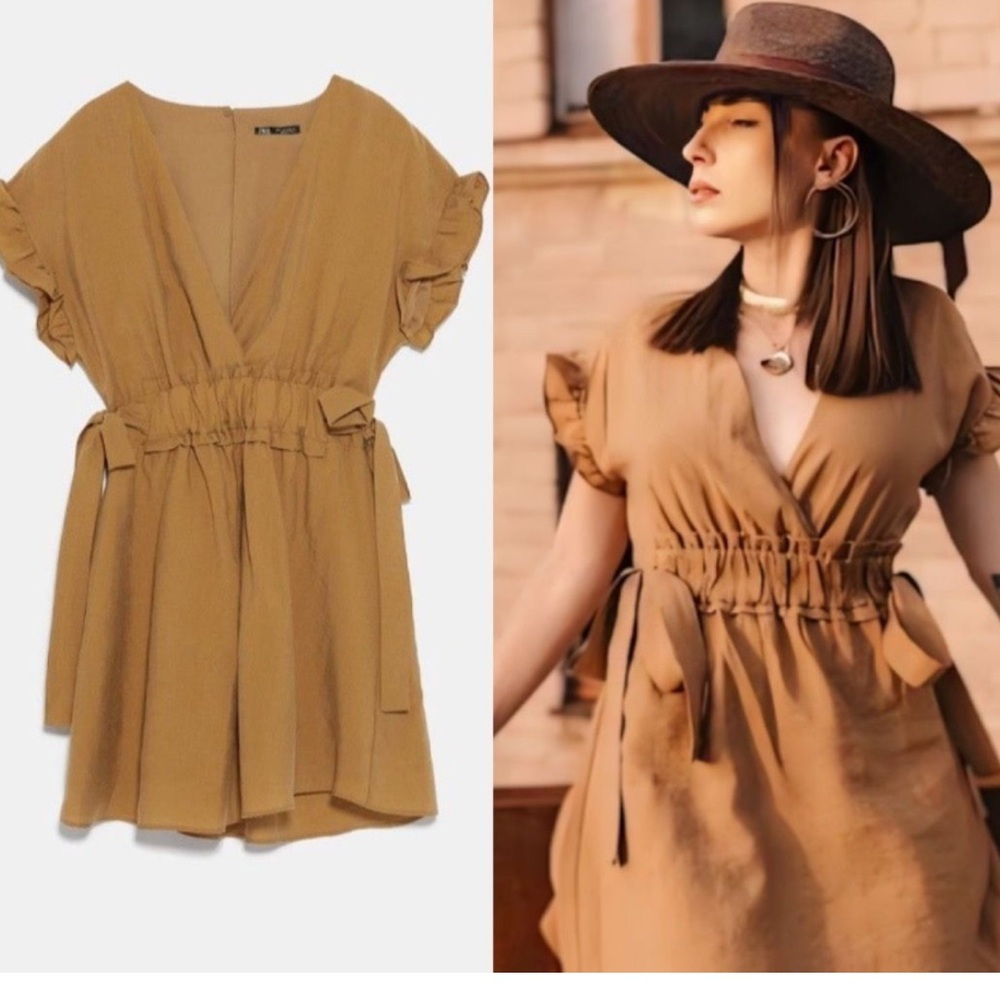 Zara Brown Ruffled Cap Sleeve Tunic